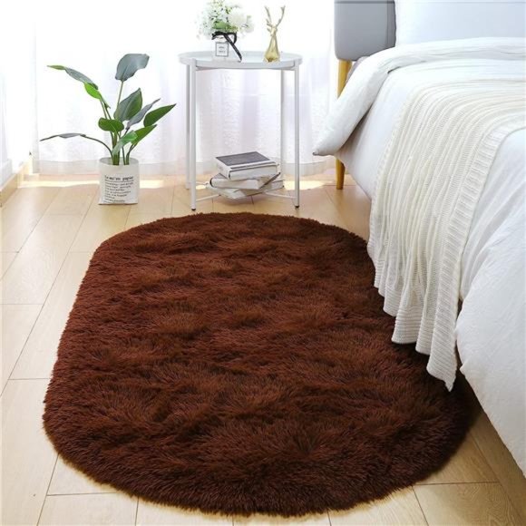 Soft Shaggy Rug for Kids Bedroom Oval 2.6'x5.3' Brown Plush Fluffy Carpet - Picture 1 of 7